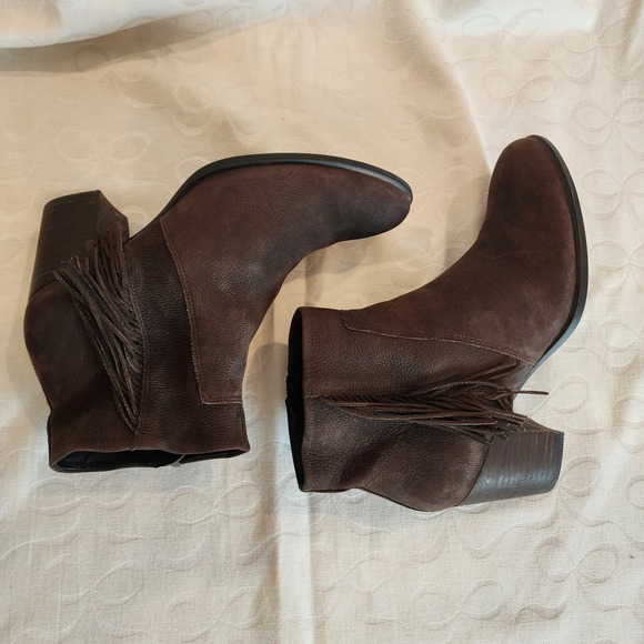 Ecco Boots 40 US 9/9.5 Brown Leather Fringe Ankle Zip Heel Western Boho Prairie - Picture 6 of 14